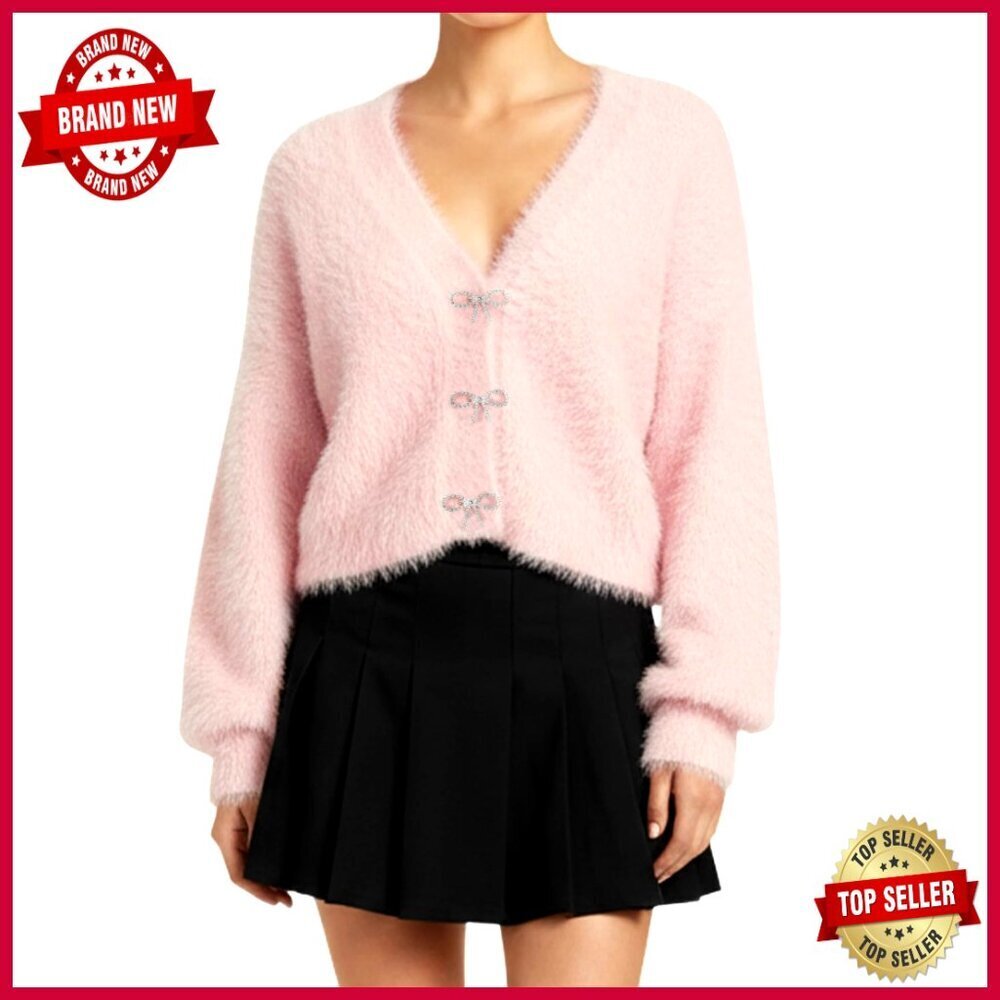 Fuzzy Mohair Cropped Cardigan with Detachable Bow Brooch V-Neck